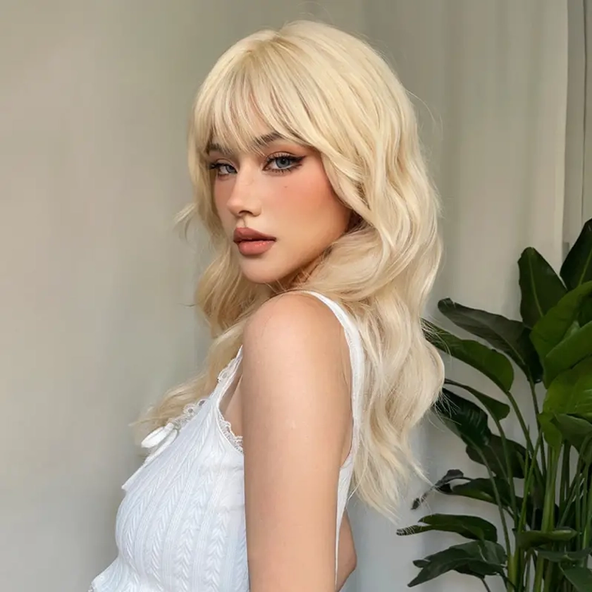 Long Blonde Wig For Women With Bangs Wavy Curly - Temu