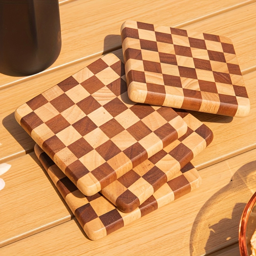 Elegant Checkerboard Wooden Coaster Set Heat resistant - Temu Canada