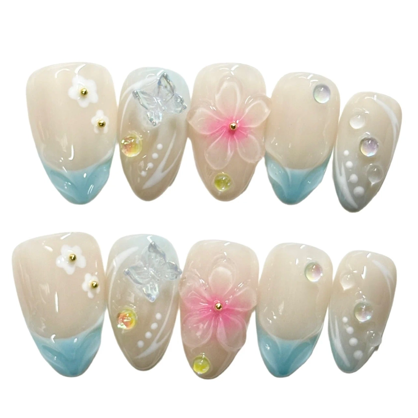 Chic 3D Floral and Butterfly Nail Art Design