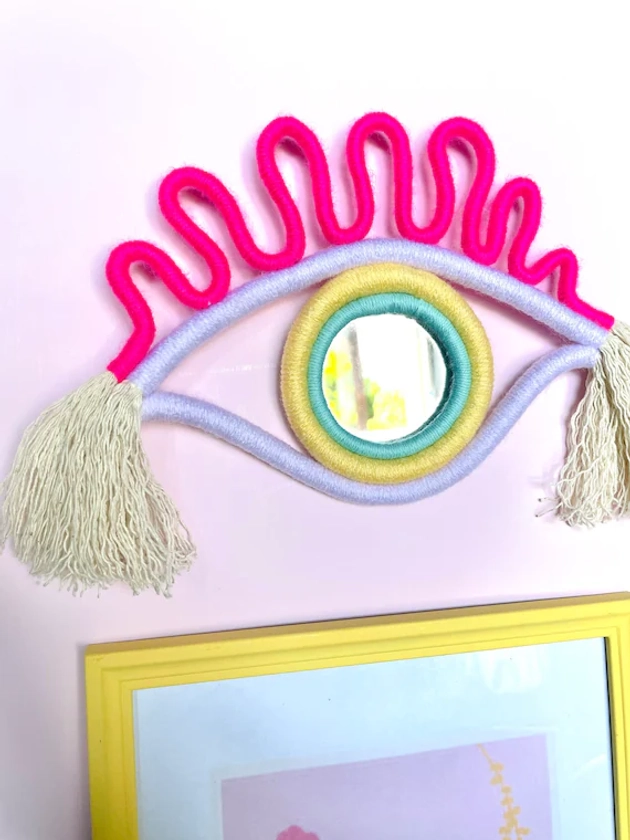 Eye Mirror, Wiggly Mirror, Pastel Wall Art, Curvy Mirror, Macrame Wall Hanging, Eclectic Home Decor, Evil Eye Mirror, Aesthetic Accessories - Etsy