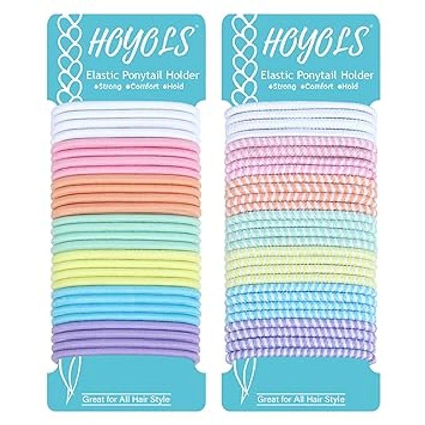 Hoyols Elastic Hair Ties for Women, 4mm No Metal Hair Bands Colorful Ponytail Holders for Thick Curly No Crease No Damage Hair Styling Accessories Assorted Colors 56 Count (Mix Baby & Striped)