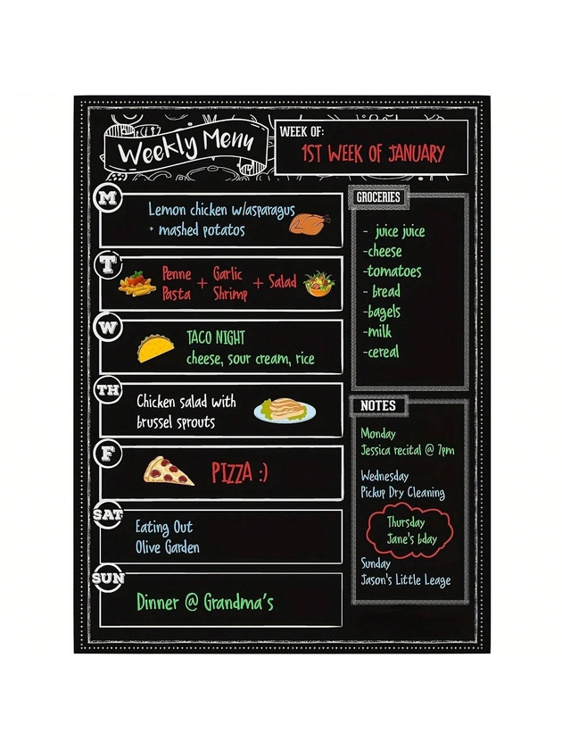 1pc, Magnetic Dry Erase Menu Board For Fridge - Weekly Meal Planner Blackboard, Grocery List And Notepad For Kitchen Refrigerator - Chalkboard Magnet