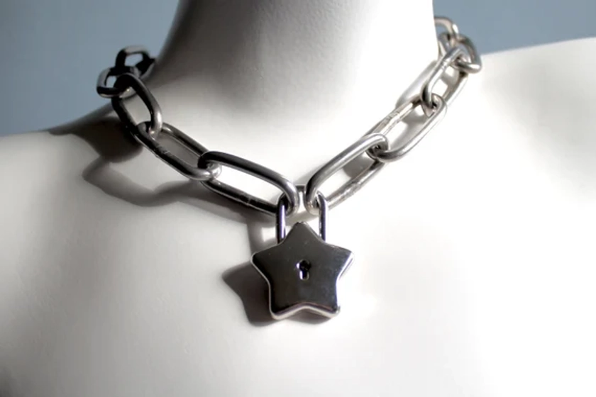 Star Shaped Padlock Chain Choker Stainless Steel available 14&quot;-36&quot; oversized link necklace available stacking simple statement day collar