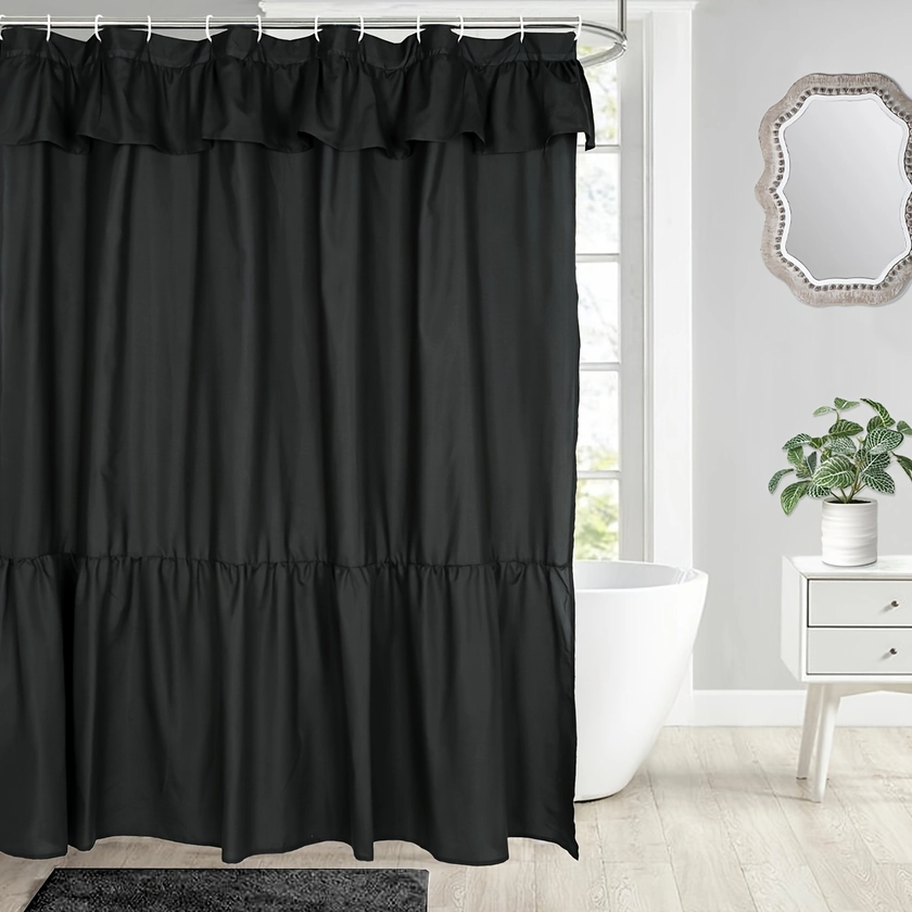 1pc Black Ruffled Shower Curtain, Bathroom Decor Curtain, Durable And Washable With Hooks Included, Bathroom Accessories