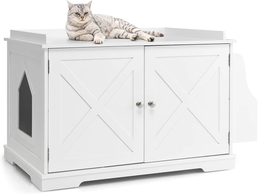 COSTWAY Cat Litter Box Enclosure, Kitty Hidden Washroom Toilet with Side Storage, Doors and Removable Divider, Cats Furniture End Table for Living Room Bathroom