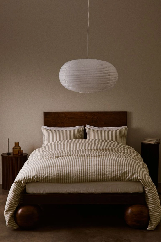 Parure de couette lit double en coton - Grège clair/rayures blanches - Home All | H&M FR