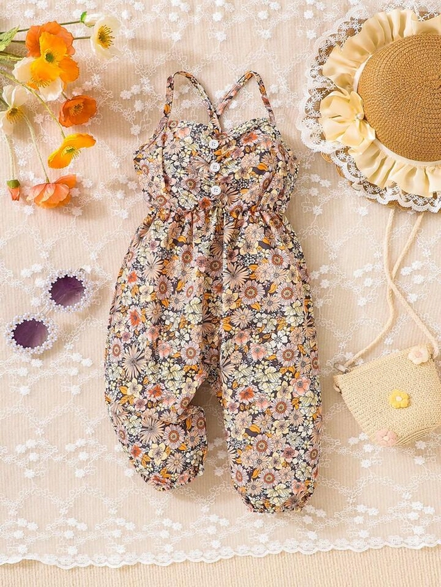 SHEIN Baby Girl Ditsy Floral Print Crisscross Backless Cami Jumpsuit