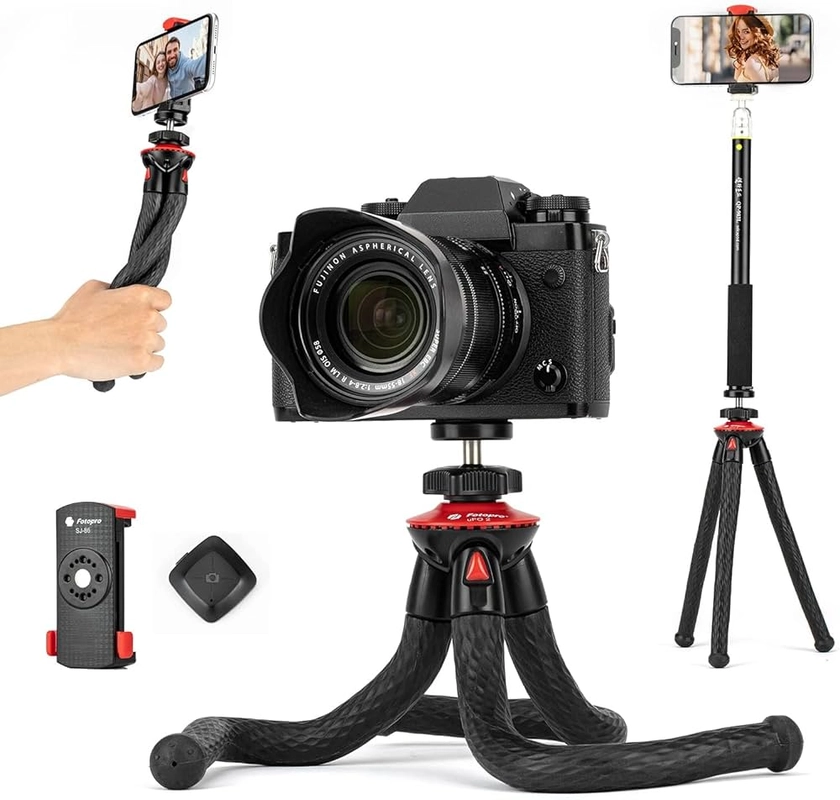 Fotopro Perche à selfie extensible avec support de téléphone, trépied flexible pour smartphone, trépied portable pour iPhone et appareil photo