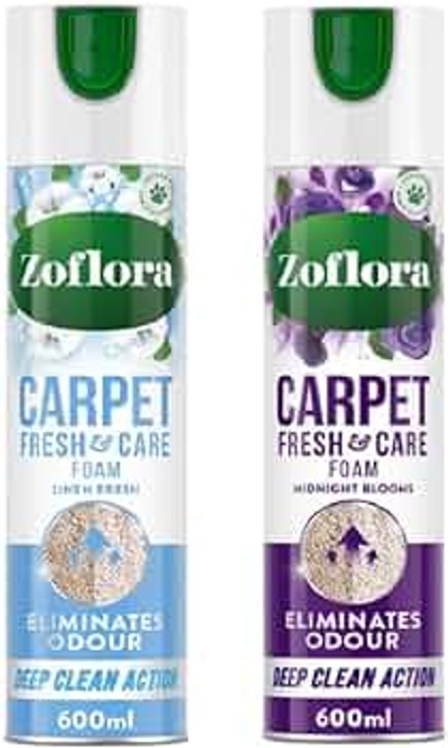 Zoflora Carpet Care Foam, 600ml, Refresh and Revive Carpets and Upholstery, Eliminates Odour, Linen Fresh and Midnight Blooms Fragrances, pack of 2