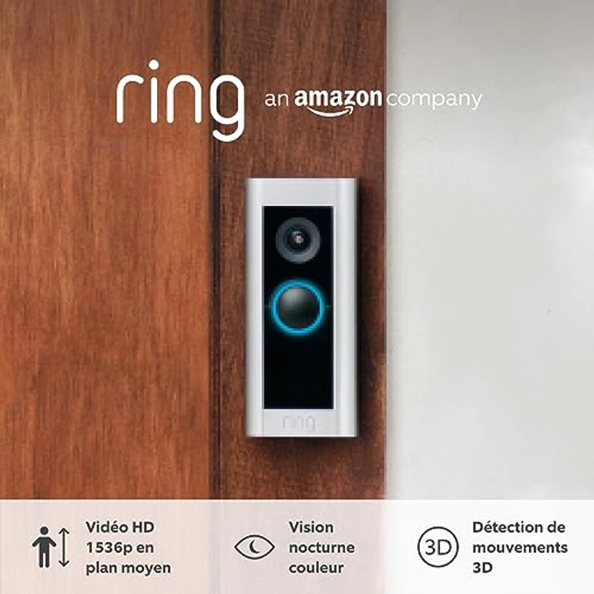 Ring sonnette vidéo Pro filaire (anciennement Video Doorbell Pro 2) | Sonnette extérieure avec caméra, vidéo 1536p HD en plan moyen, détection de mouvements 3D, wifi | Essai Ring Protect gratuit 30 j.