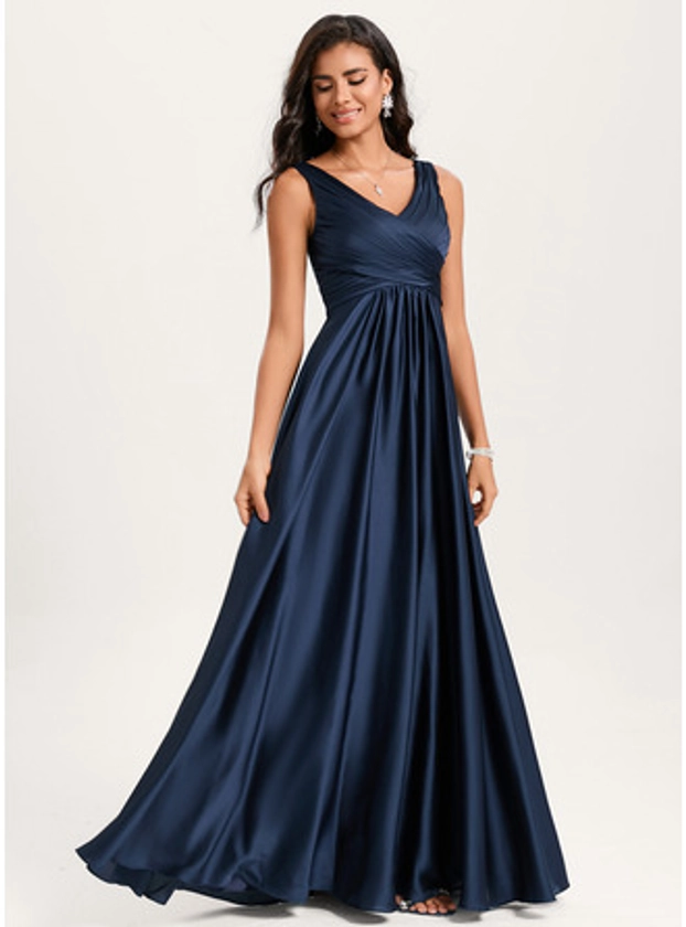 [US$ 104.00] A-line V-Neck Floor-Length Silky Satin Bridesmaid Dress With Ruffle (007293486)