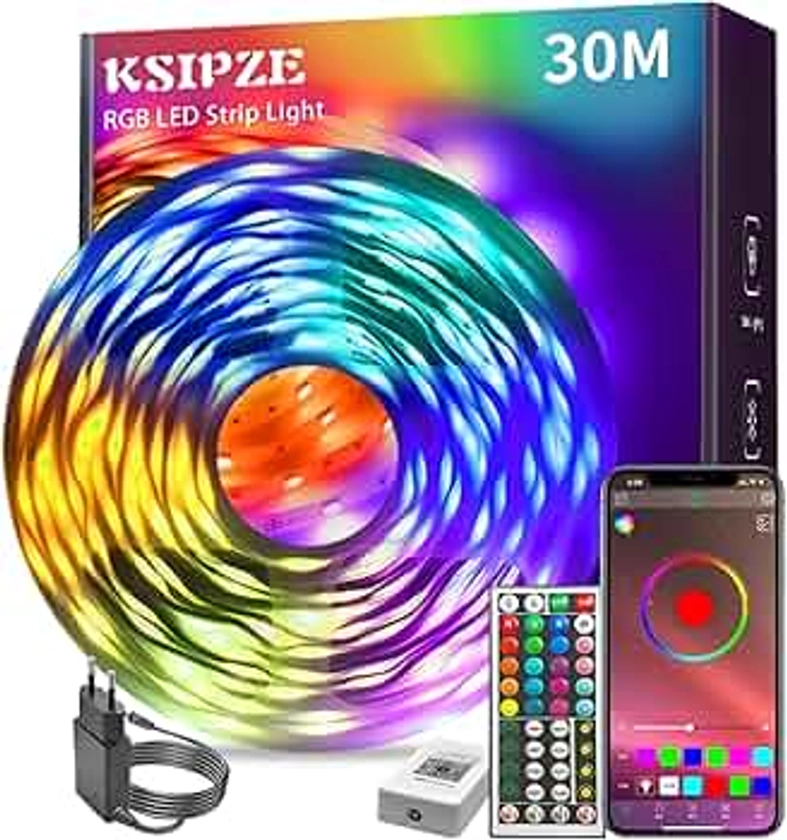 KSIPZE Led Chambre 30M Ruban Led Bande Lumière Décorative Multicolore, Rgb Guirlande de Lumineuse Dimmable avec Télécommande, Bluetooth APP, Musicale pour Parti,Maison,Salon