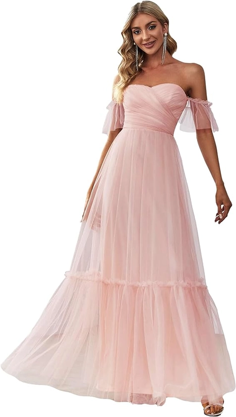 Ever-Pretty Women's Formal Dress Sweetheart Off-Shoulder Ruched Tulle Maxi Bridesmaid Dresses 50126