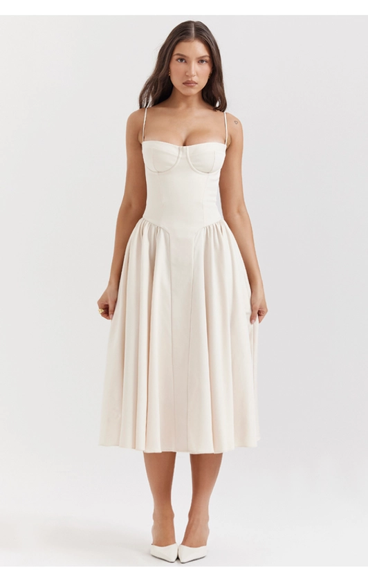 Clothing : Midi Dresses : 'Samaria' Peach Parfait Twill Corset Midi Dress