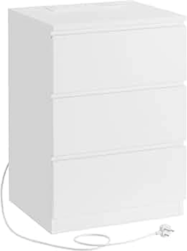 VASAGLE Bedside Table with Charging Station, Side End Table with 3 Drawers, 2 AC Outlets, 2 USB Ports, Bevelled Drawer Fronts, for Living Room, Bedroom, Study, Modern, Cloud White LET631W15