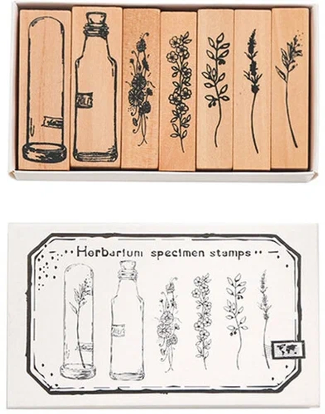 Набор штампов - Гербарий (растения) 7 печатей для творчества. Деревянные штампы для скрапбукинга и рукоделия
