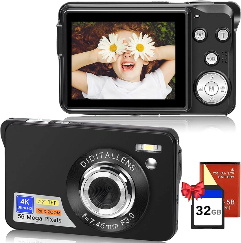 Appareil Photo Numérique 56MP 4K HD Compact Caméra Enfant avec Carte 32Go Zoom Digital 20X Écran 2,7 Pouces Appareil Photo Adolescent Rechargeable Portable pour Étudiant, Adulte, Débutant Cadeau