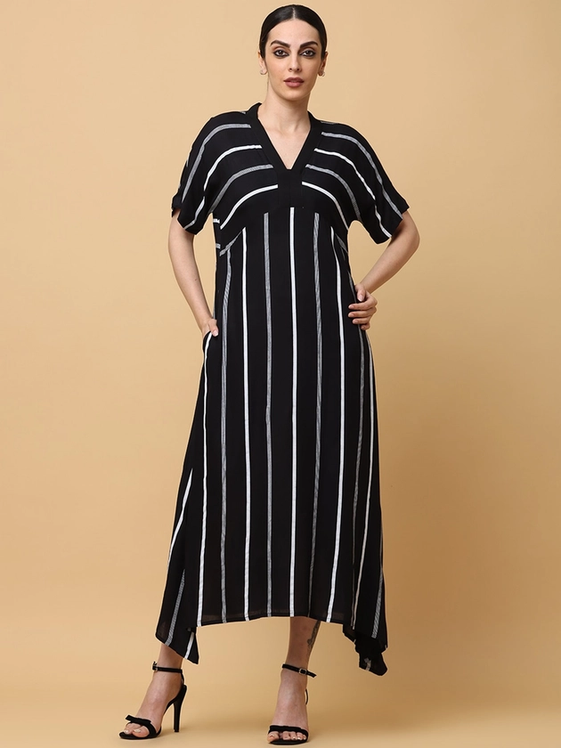 BLACK & BLAH BLAH Striped V-Neck Maxi Dress