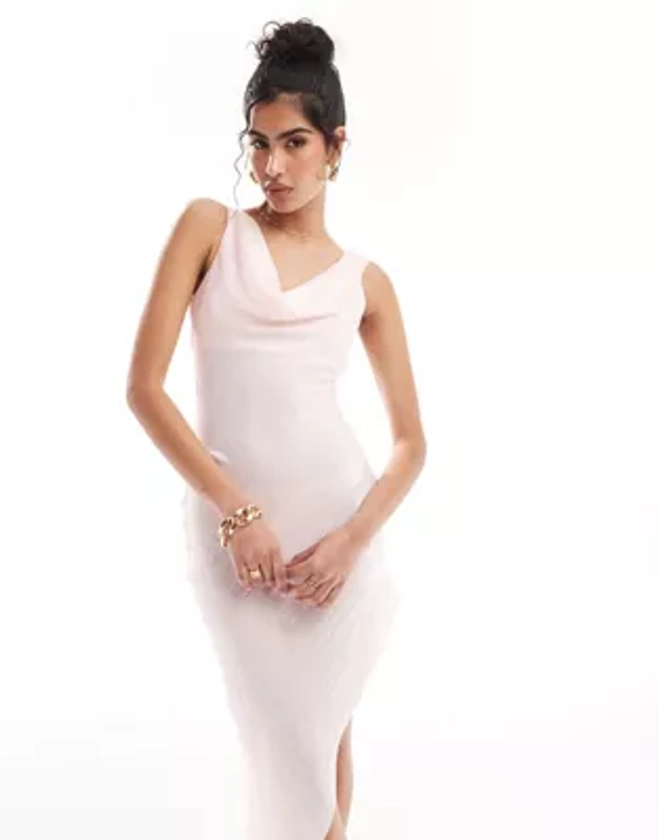 ASOS DESIGN crushed satin cowl neck mini dress with asymmetric hem in powder pink | ASOS