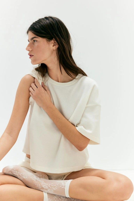 Top et short de pyjama gaufrés - Encolure ronde - Manches courtes - Blanc - FEMME | H&M FR