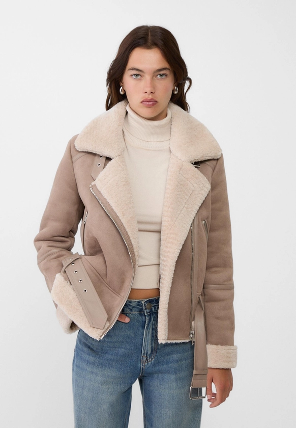 Faux suede faux shearling biker jacket - Women's fashion | Stradivarius United Kingdom