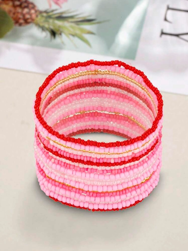 18pcs Women's Bohemian Style Glass Bead Stackable Bracelets In Pink | SHEIN USA