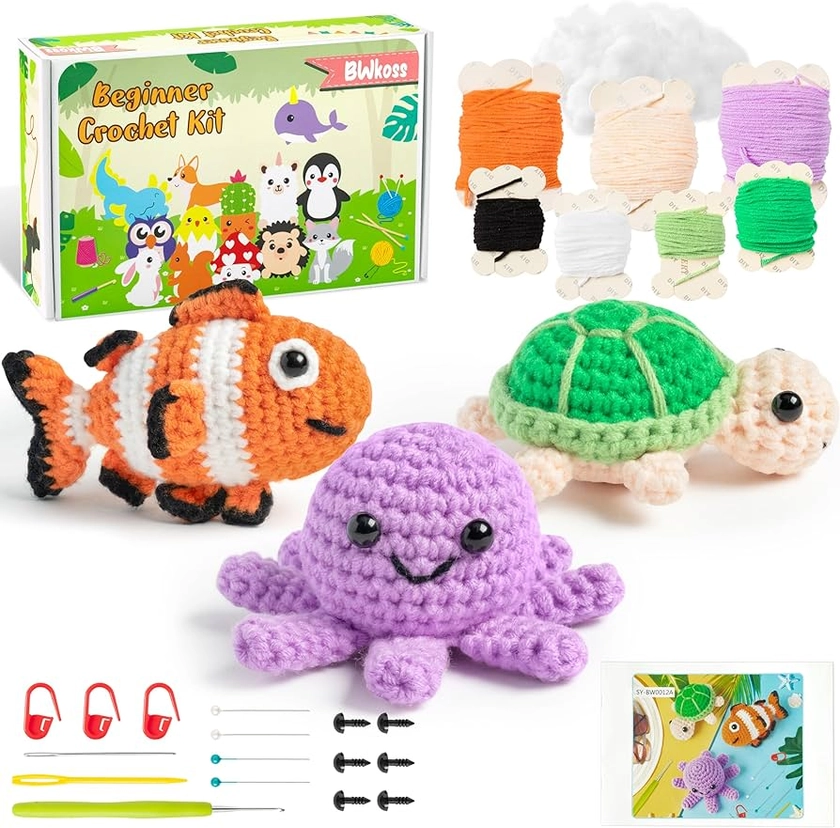 BWkoss Beginner Crochet Kit, Cute Crochet Fish Turtle Octopus Starter Pack for Adults Kids DIY Craft Complete Material Pack with Step-by-Step Instruction and Video Tutorials for Knitting Enthusiast