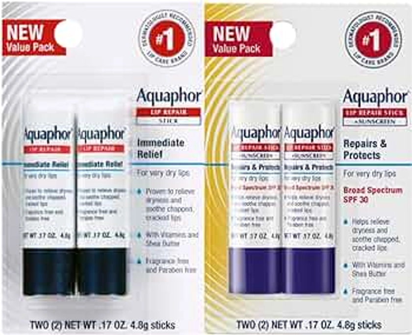 Aquaphor Lip Repair, Moisturizing Lip Balm Multipack (2 Repair sticks + 2 Repair & Protect SPF 30 sticks)