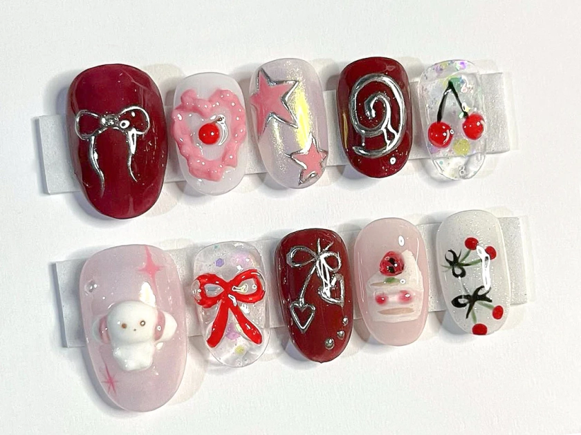 Kawaii Y2K-inspired Press On Nails | Red White Theory Colour Nail | Cute Bow, Heart, Cherry and Pet in Fake Nails | Almond Nails | JC309A