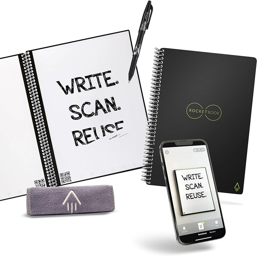 Rocketbook Reusable Digital Notebook - Smart Notepad A5 Black, Wirebound Note Book To Do List Pad, Dotted Paper with Frixion Erasable Pen and Wipe, Office Gadget with Rocketbook App Reduce Paper Waste : Amazon.co.uk: Stationery & Office Supplies