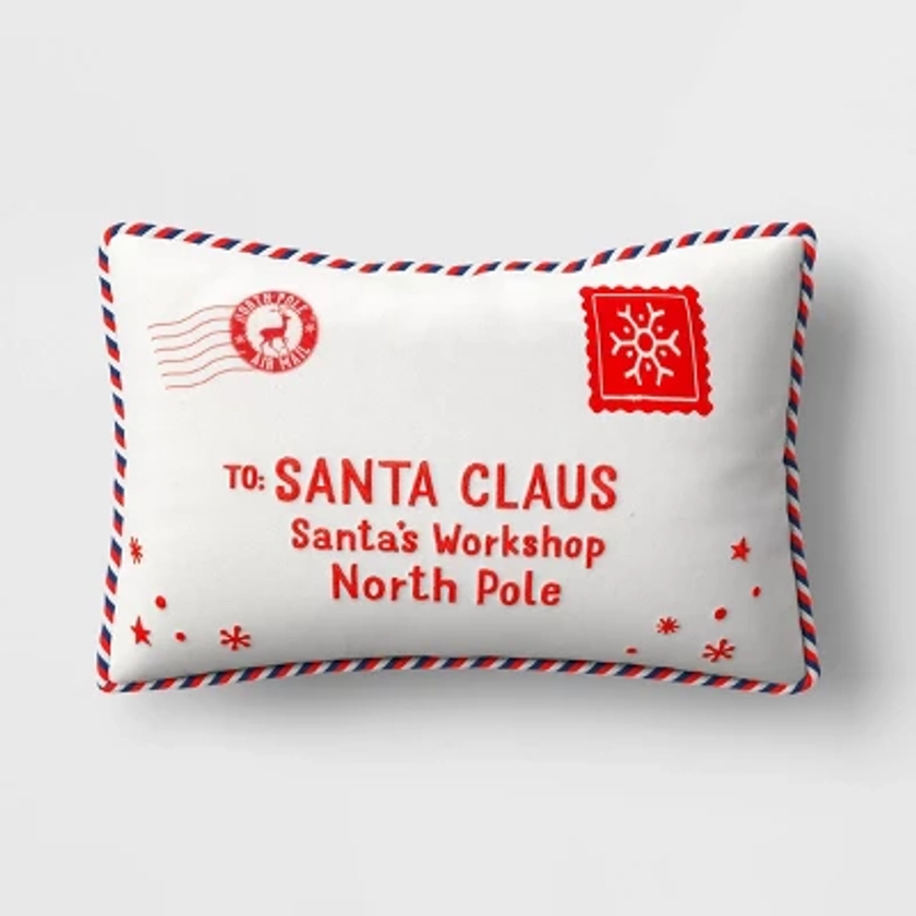 18"x12" 'To Santa Claus' Envelope Rectangle Christmas Novelty Throw Pillow White - Wondershop™