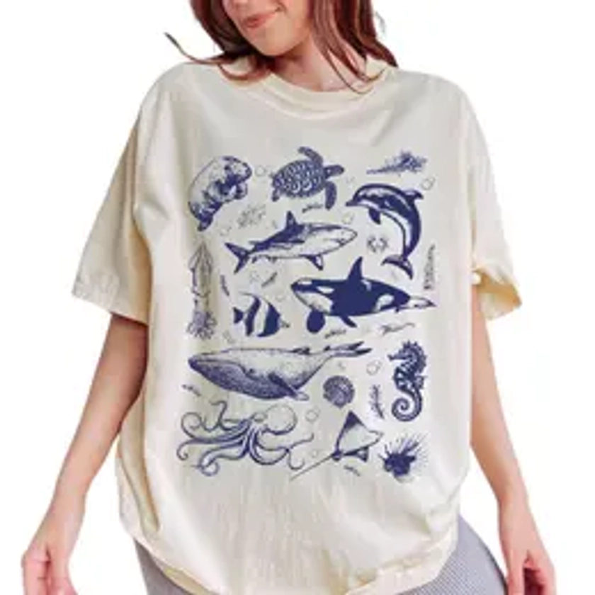 Vintage 90s Tattoo Sea Animal T-Shirt | Retro Ocean Nature Shirt | Sealife, Ocean, Whale, Orca, Turtle, Dolphin Shirt