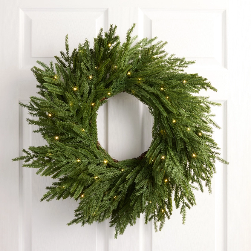 Green Faux Norfolk Pine Pre Lit LED Battery Operated Wreath - World Market