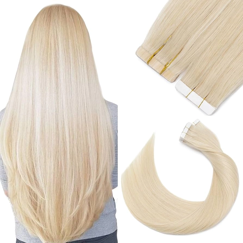 Silk-co Tape in Hair Extensions 20 pieces Balayage 100% Real Remy Human Hair Skin Weft #60 Platinum Blonde (20"-50g)