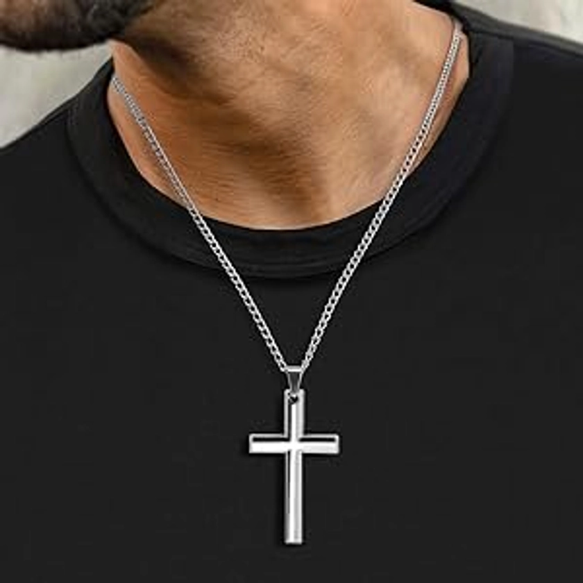 Emibele Cross Necklace, Stainless Steel Faith Cross Pendant Necklace, Minimalist Silver Link Chain Necklace Unisex Statement jewelry for Easter Religious Birthday Thanksgiving Day