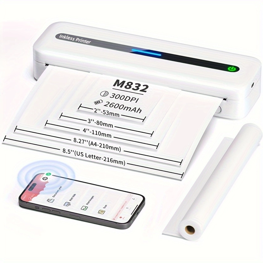 Portable A4 Printer M832: 8.5-inch Print Port, Inkless Thermal Printer, High-definition Printing Of 304dpi, With A Paper Bin, Can Use Paper Rolls And Papers, Supports US Letter/A4/4 In/3 In/2 In, Five Printing Sizes, Compatible With IOS, Android, Laptop, Mobile Printing, Suitable For Outdoor, Car, And Office Printing