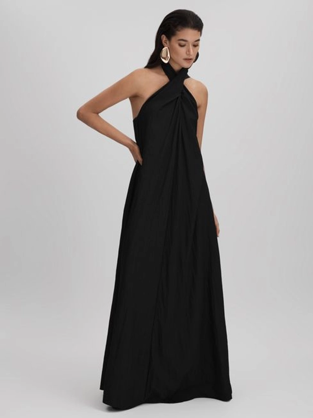 Taffeta Halter Neck Maxi Dress in Black | REISS Netherlands