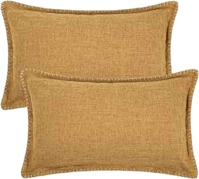 decorUhome Fall Decorative Outdoor Throw Pillow Covers 12x20 Set of 2, Lumbar Linen Farmhouse Pillow Covers with Stitched Edge, Rustic Pillow Covers for Couch, Sofa, Living Room, Bronze Gold