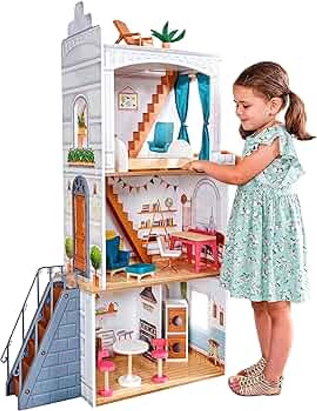 KidKraft Maison de Poupée en Bois Rowan incluant Accessoires et mobilier, Maison de Ville avec Toit terrasse et escalier extérieur pour poupées, Jouet Enfant dès 3 Ans, 10238