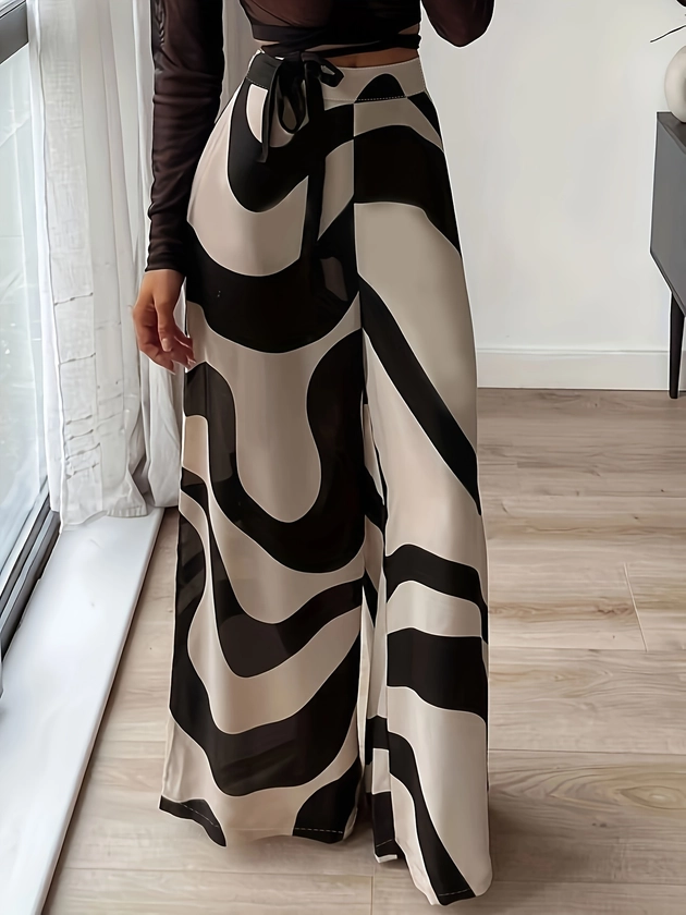 Striped Print Wide Leg Pants, Casual Loose High Waist Pants For Spring &amp; Fall, Women&#39;s Clothing