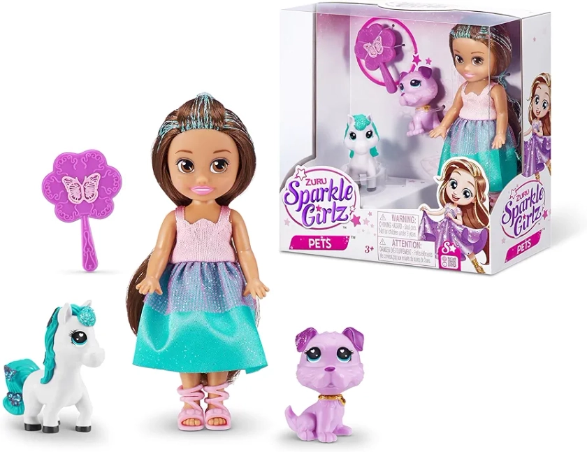 Sparkle Girlz Princess Doll and Pet Set by ZURU 2 Pets, Hair Styling for Kids, Cat, Unicorn, Nurture Toys for Girls, Posable Fashion Doll, Removable Dress, Gifts for Girls 4-8