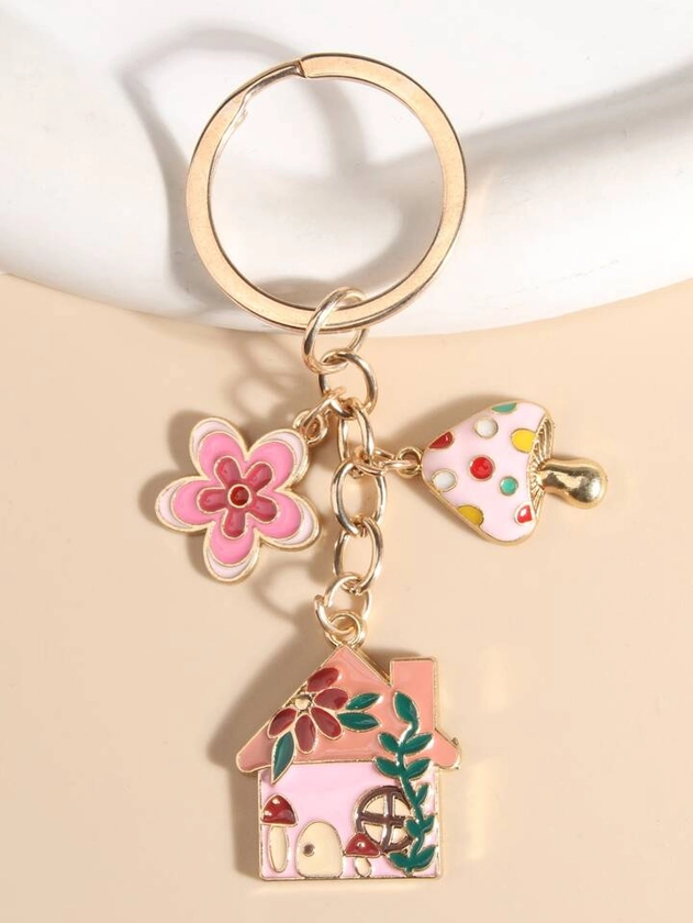 Cute Mushroom House & Flower Shaped Keychain, Purse Charm, Made Of Zinc Alloy With Oil Drip Effect In Countryside Style Casual