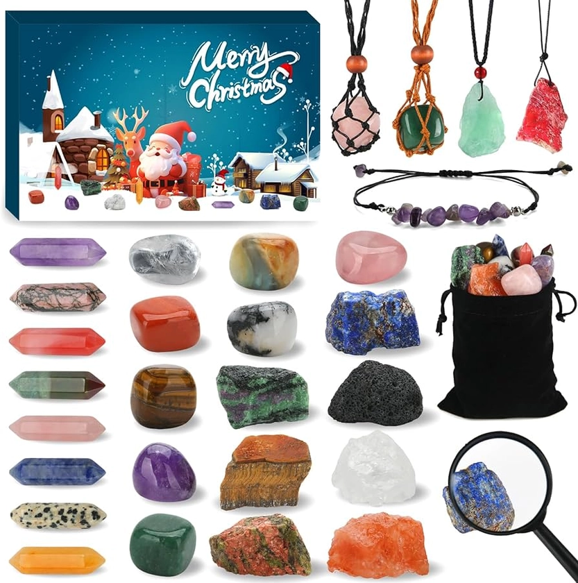 Worgree Advent Calendar 2024, 24 Days Christmas Countdown Calendar with Chakra Crystals and Healing Stones, Natural Gemstones Rock Collection Gifts for Kids Boys Girls Teens Adults Women Beginners