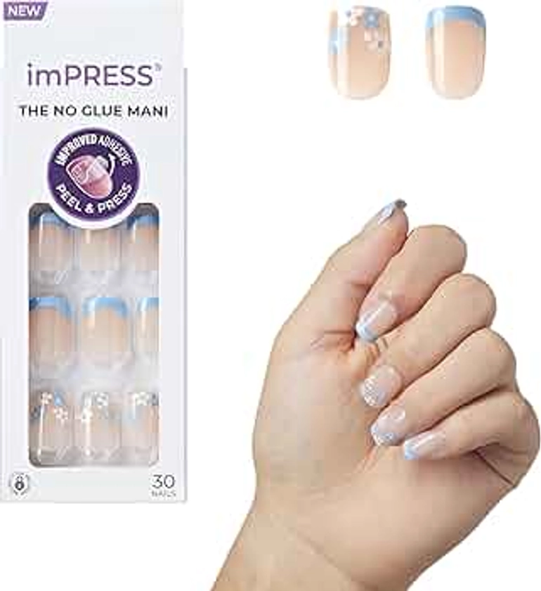 KISS imPRESS No Glue Mani Press-On Nails, French, 'Snooze', Light Neutral + Blue Tip French, Short Size, Squoval Shape, Includes 30 Nails, Prep Pad, Instructions Sheet, 1 Manicure Stick, 1 Mini File