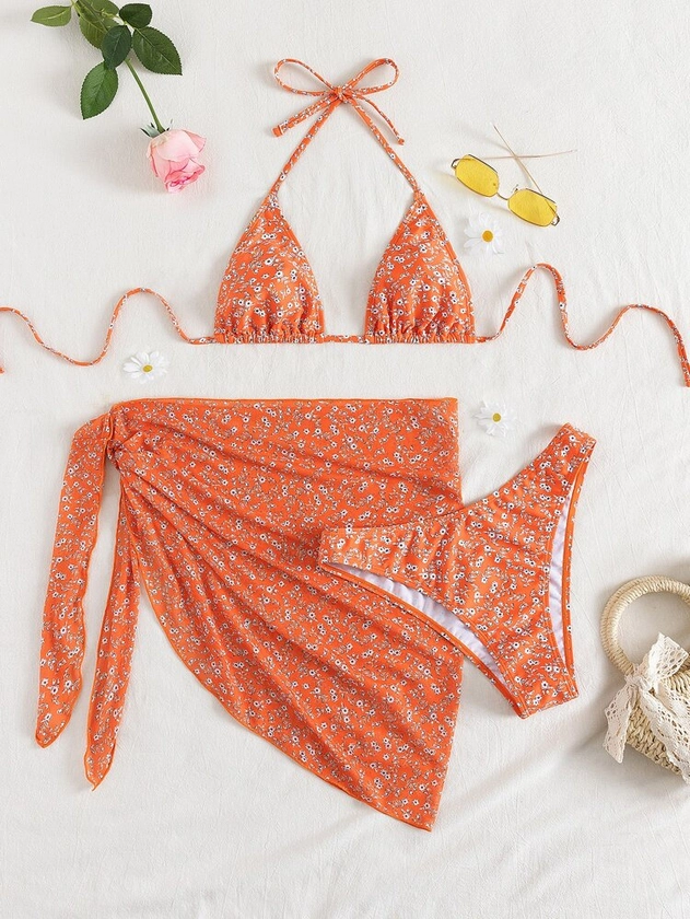 3pack Ditsy Floral Print Halter Bikini Swimsuit & Beach Skirt