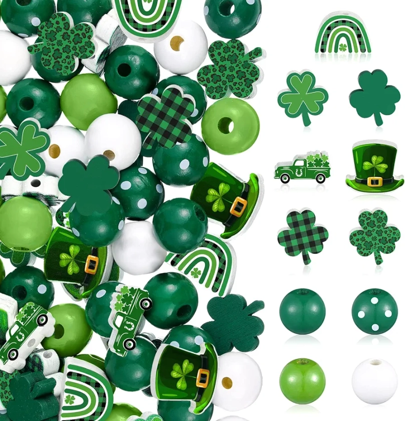 200 Pieces St. Patrick's Day Wood Beads Green Wood Spacer Beads Farmhouse Polished Round Beads St. Patrick's Day Wooden Craft Beads for DIY Crafts Garland Home Party Decor Ornaments (Shamrocks Style)