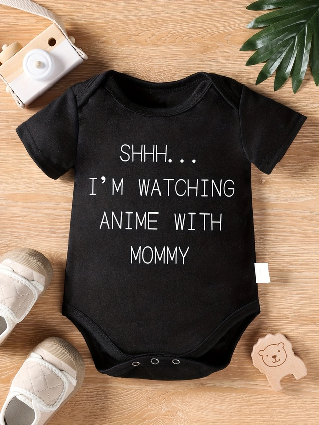 Infant&#39;s SHHH... I&#39;M WATCHING ANIME WITH MOMMY Letter Print Bodysuit, Comfy Short Sleeve Romper, Baby Boy&#39;s Clothing