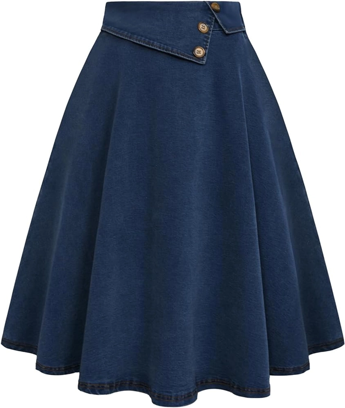 Belle Poque Women Vintage A-Line Skirt High Waisted Midi Skirt with Pockets & Buttons