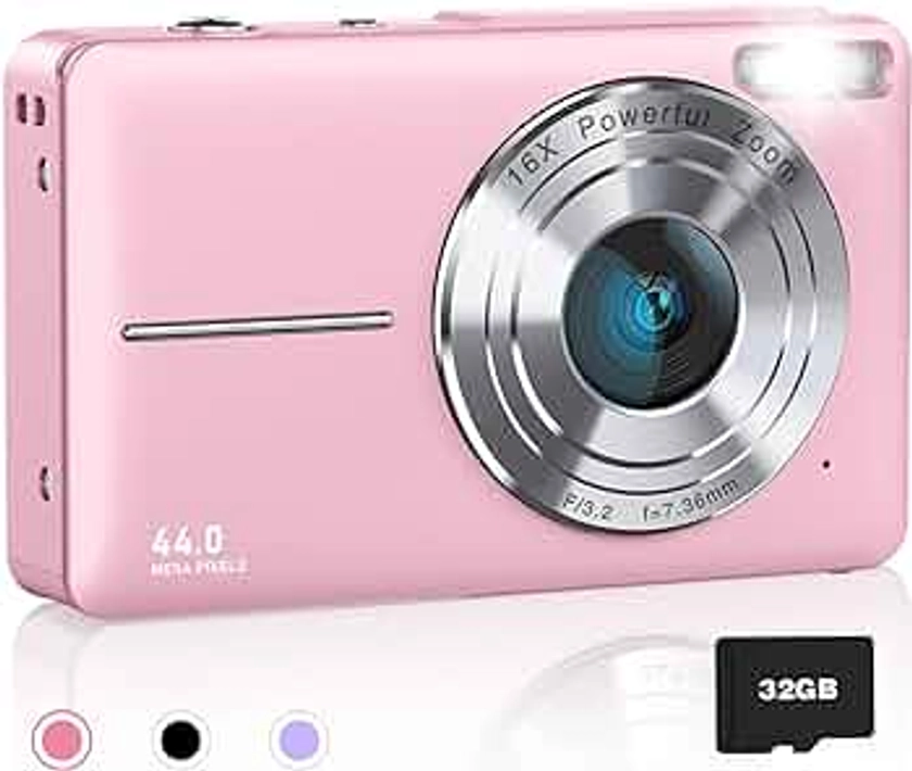Digital Camera for Kids, 1080P FHD Camera, 44MP Point and Shoot Digital Camera for Pictures with 32GB Card, 16X Zoom, Compact Small Vintage Camera Gifts for Teens Kids Boys Girls(Pink)