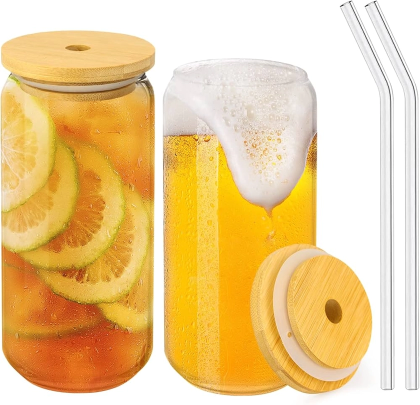 Lot de 2 Verres à bière avec couvercles en bambou et paille en verre 550ml tasse Réutilisables DIY Mason Jar Pour Cola voyage bureau maison thé café margaritas jus de fruits cocktails soda